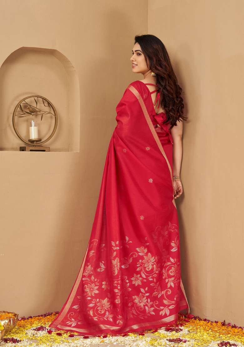 Red Printed Silk Saree Set - Indya