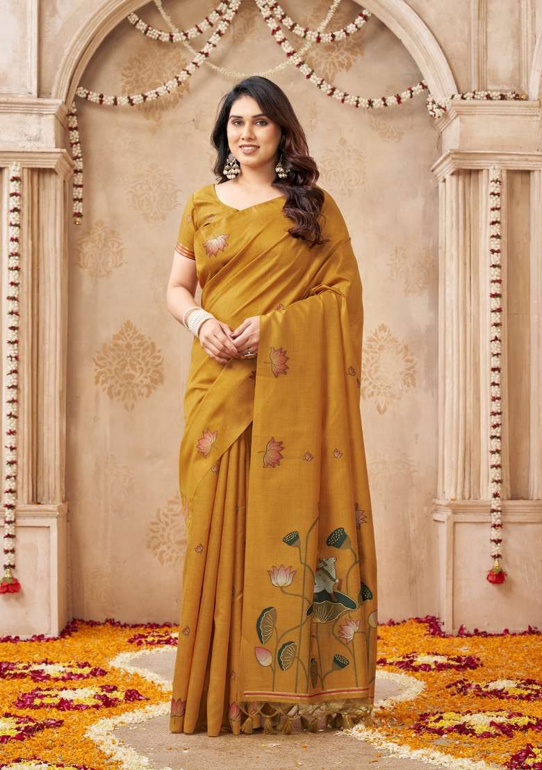 Yellow Printed Linen Saree Set - Indya