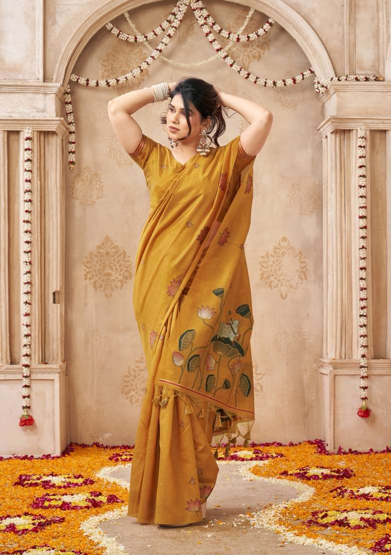 Yellow Printed Linen Saree Set - Indya
