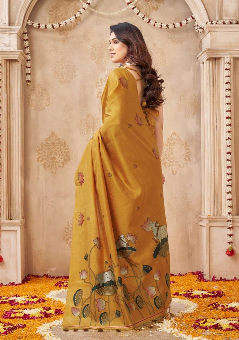 Yellow Printed Linen Saree Set - Indya