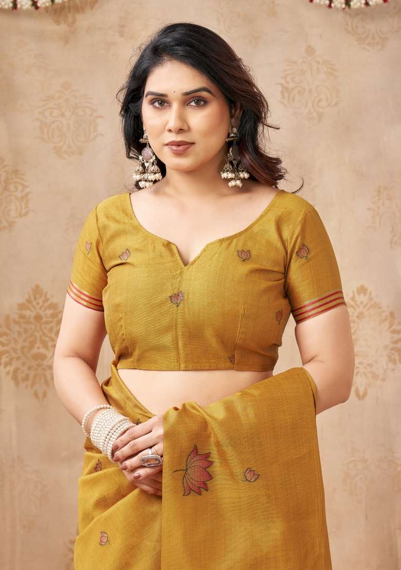 Yellow Printed Linen Saree Set - Indya