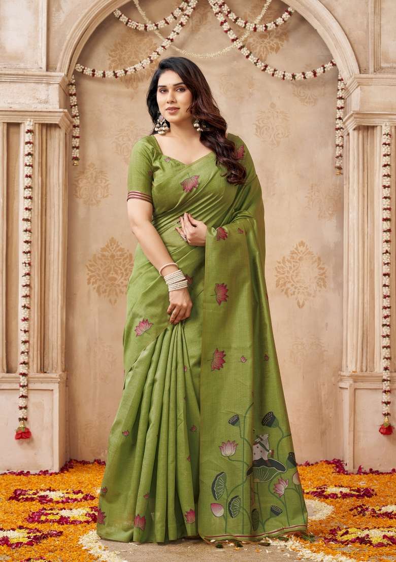 Lime Green Printed Linen Saree Set - Indya
