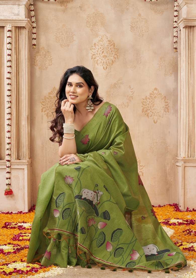 Lime Green Printed Linen Saree Set - Indya