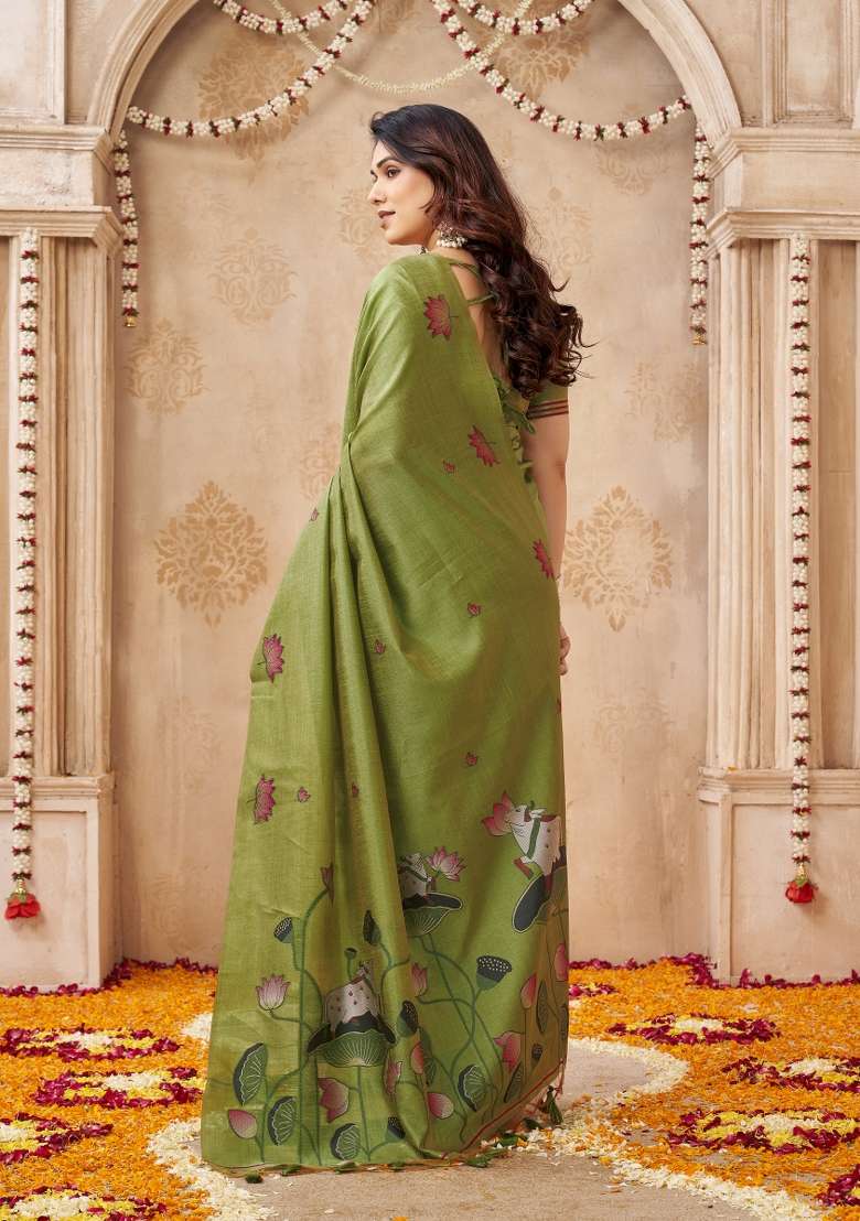 Lime Green Printed Linen Saree Set - Indya