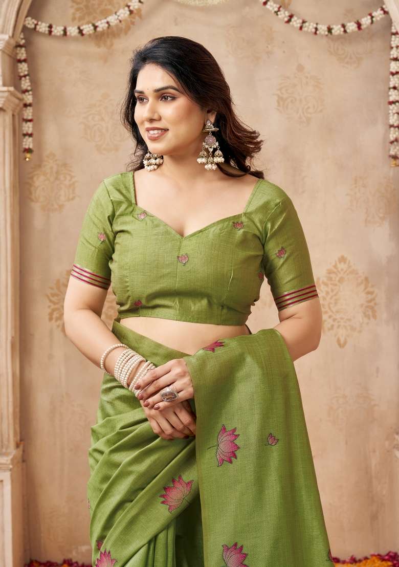 Lime Green Printed Linen Saree Set - Indya