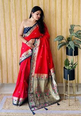 Red Woven Silk Saree Set for Diwali and Festive Wear