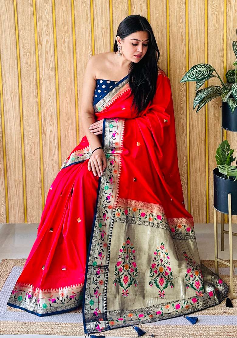 Red Woven Silk Saree Set for Diwali and Festive Wear - Indya