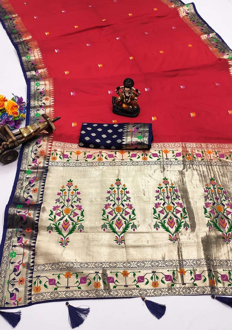 Red Woven Silk Saree Set for Diwali and Festive Wear - Indya
