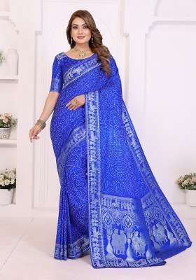 Royal Blue Satin Saree Set with Printed for Diwali | Wedding & Festive Wear