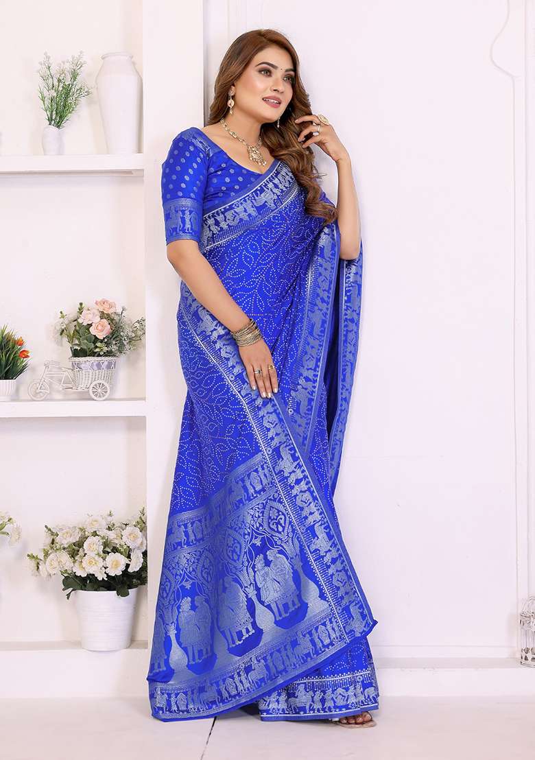 Royal Blue Satin Saree Set with Printed for Diwali | Wedding & Festive Wear - Indya