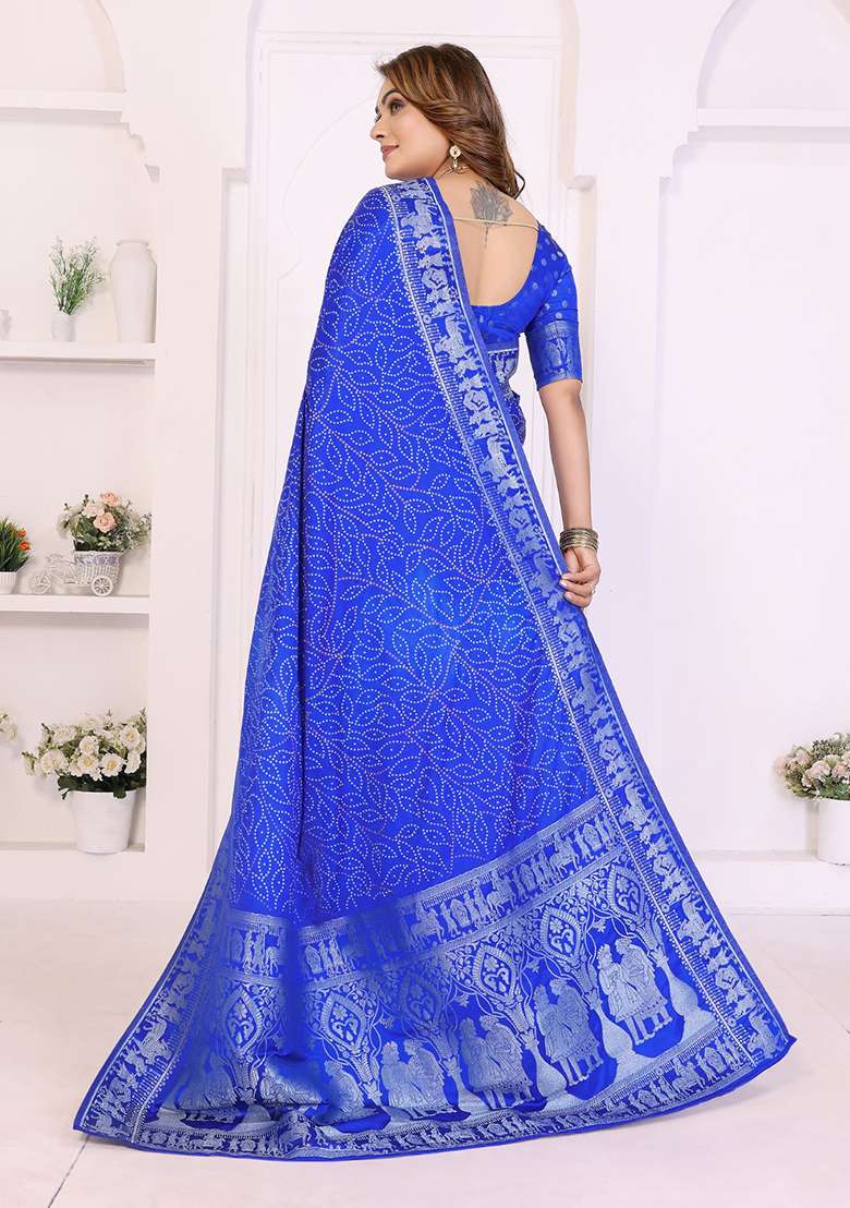Royal Blue Satin Saree Set with Printed for Diwali | Wedding & Festive Wear - Indya