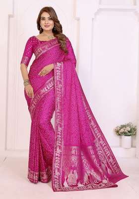 Rani Pink Satin Saree Set with Printed for Diwali | Wedding & Festive Wear
