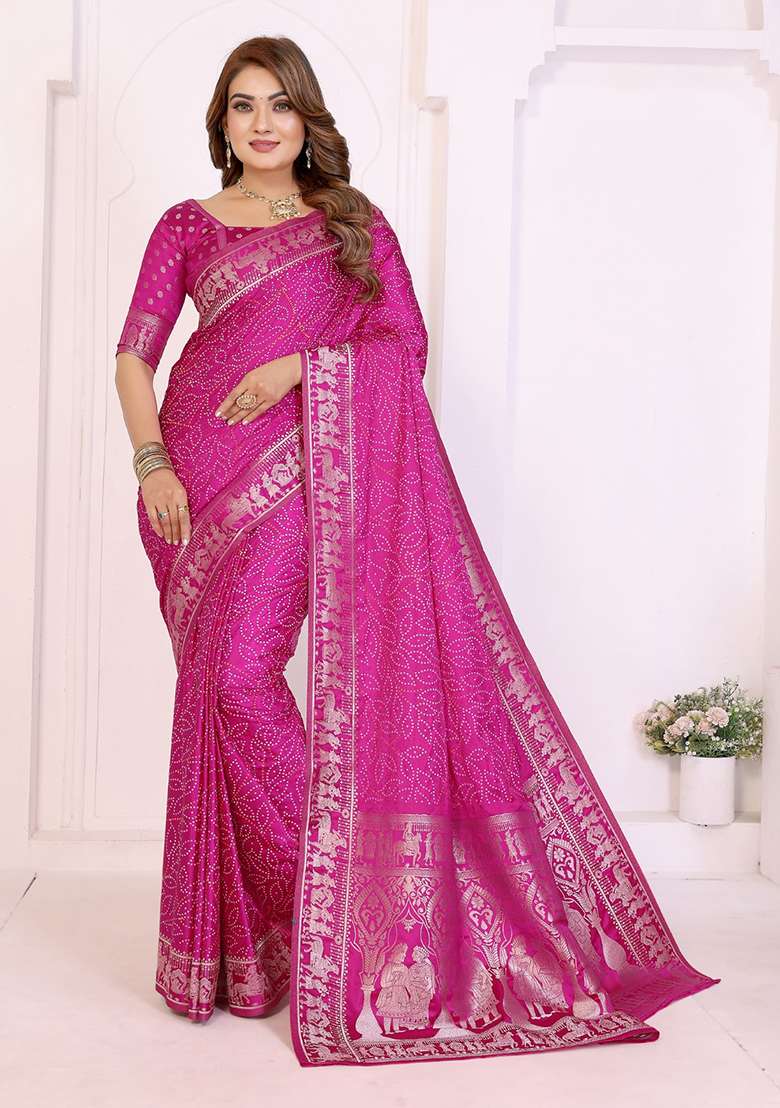 Rani Pink Satin Saree Set with Printed for Diwali | Wedding & Festive Wear - Indya