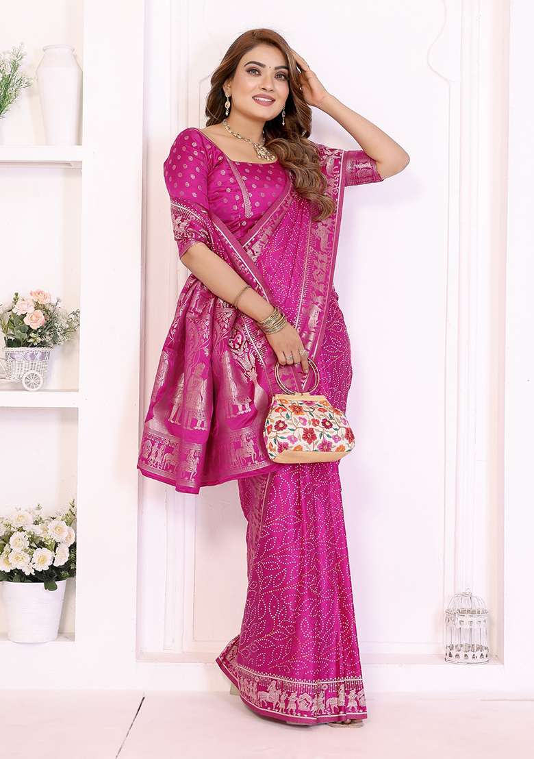 Rani Pink Satin Saree Set with Printed for Diwali | Wedding & Festive Wear - Indya