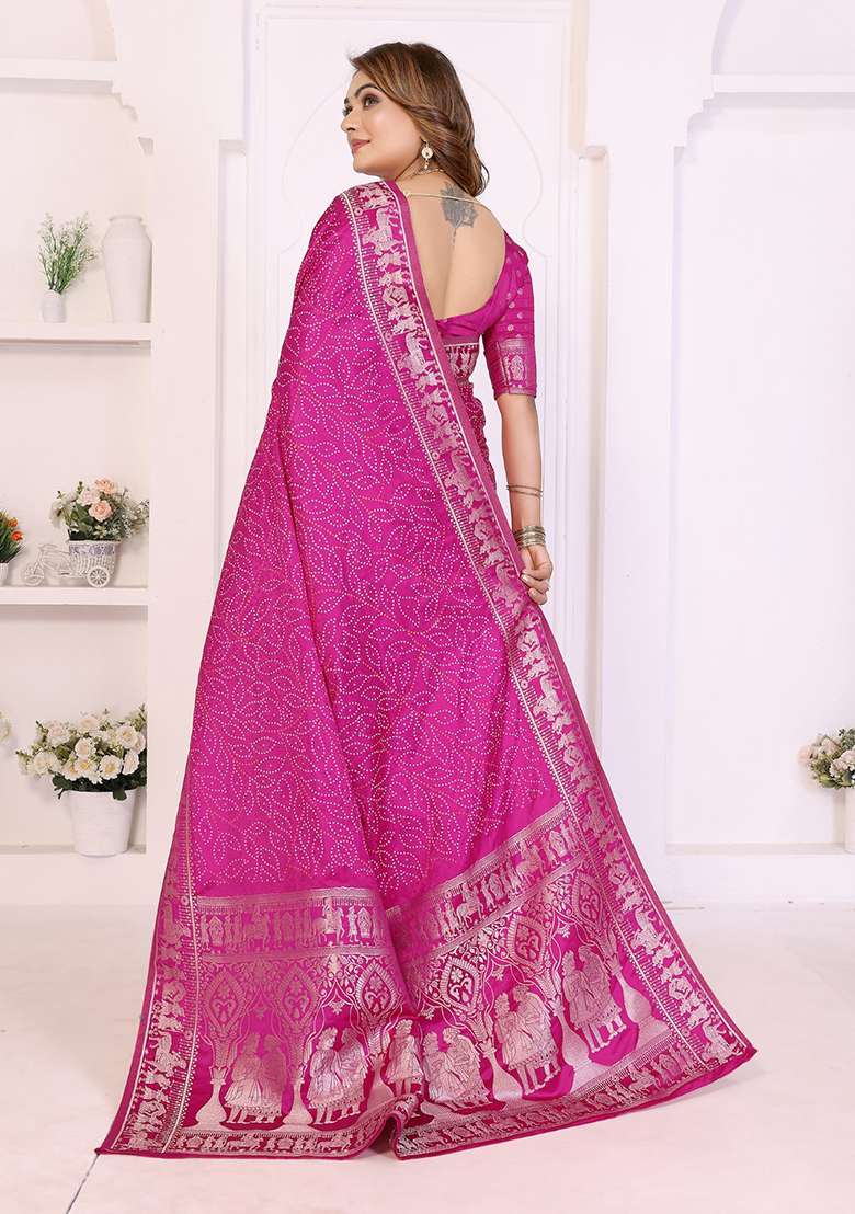 Rani Pink Satin Saree Set with Printed for Diwali | Wedding & Festive Wear - Indya