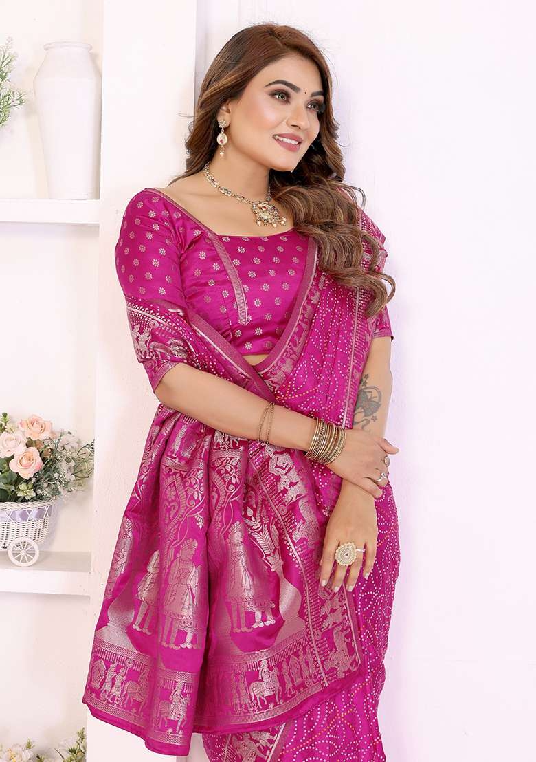 Rani Pink Satin Saree Set with Printed for Diwali | Wedding & Festive Wear - Indya