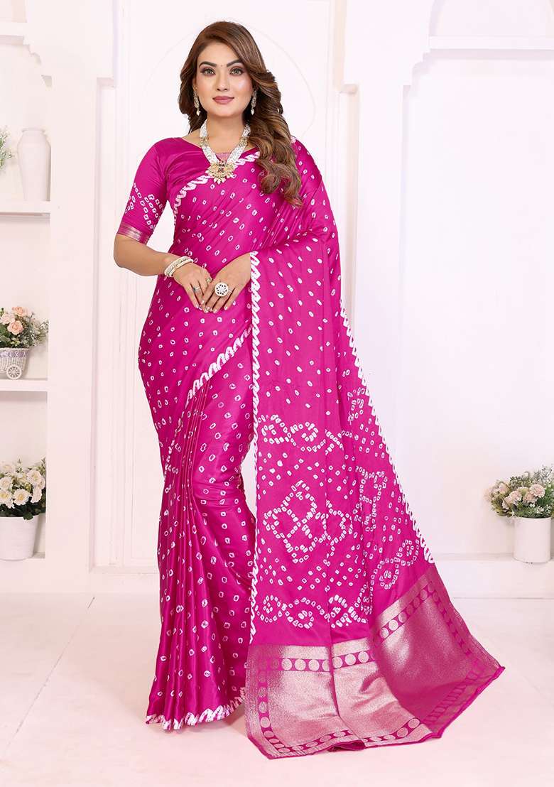Rani Pink Printed Satin Saree Set for Diwali and Festive Wear - Indya