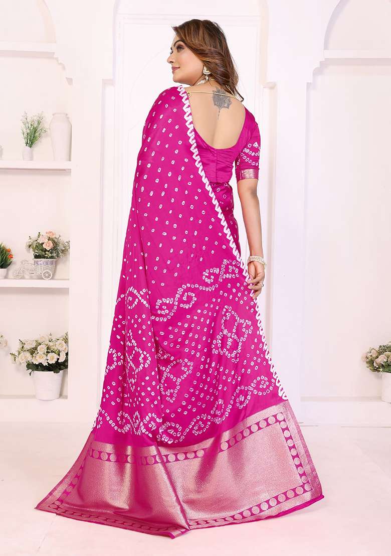 Rani Pink Printed Satin Saree Set for Diwali and Festive Wear - Indya