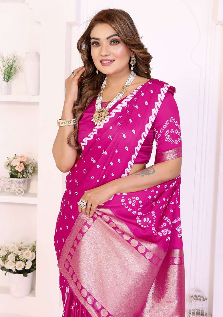 Rani Pink Printed Satin Saree Set for Diwali and Festive Wear - Indya