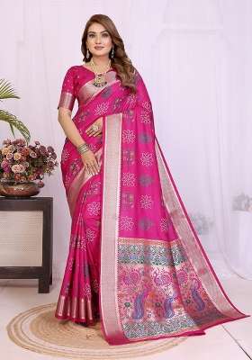 Rani Pink Printed Silk Saree Set for Diwali and Festive Wear