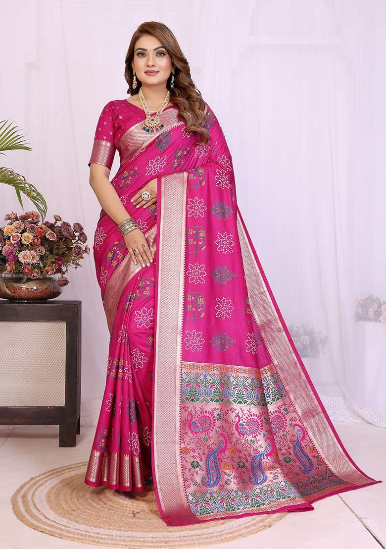 Rani Pink Printed Silk Saree Set for Diwali and Festive Wear - Indya