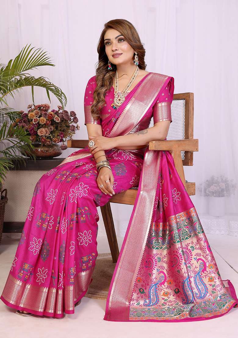 Rani Pink Printed Silk Saree Set for Diwali and Festive Wear - Indya