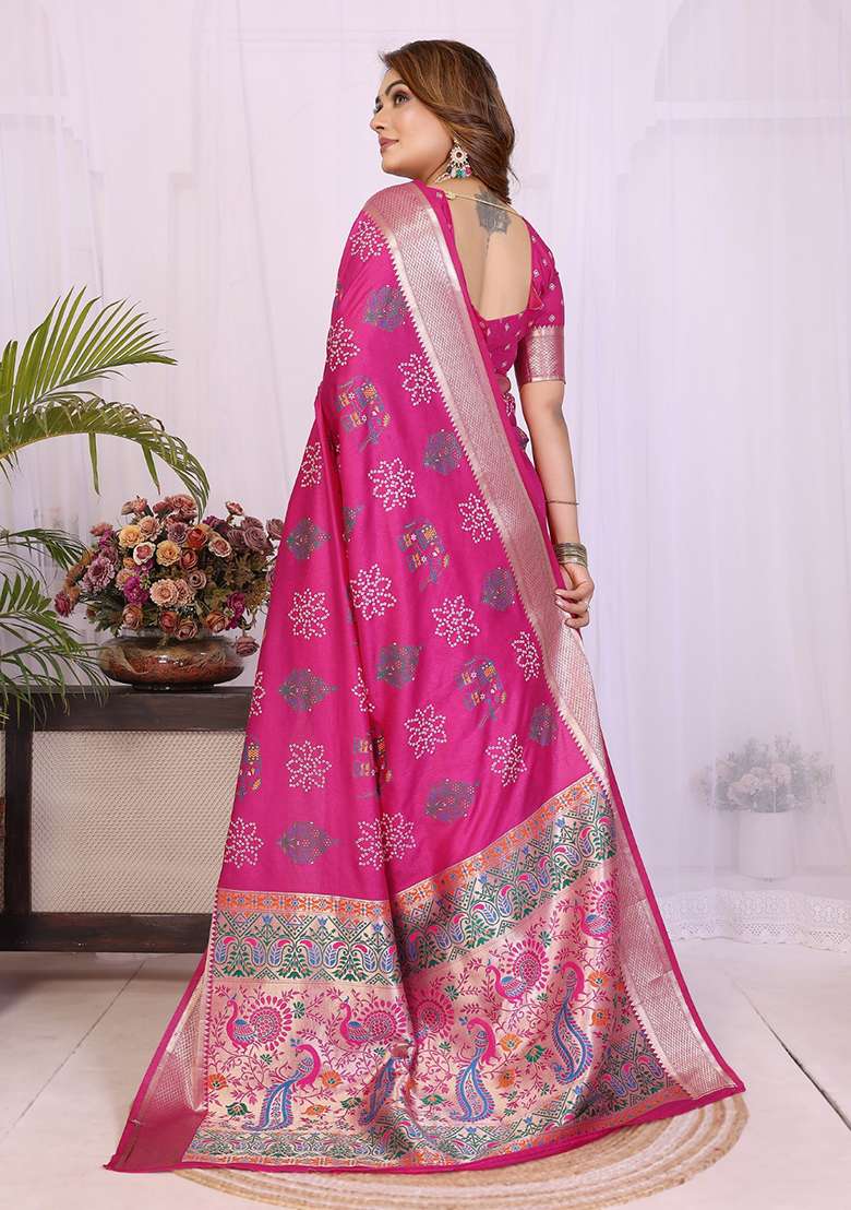 Rani Pink Printed Silk Saree Set for Diwali and Festive Wear - Indya