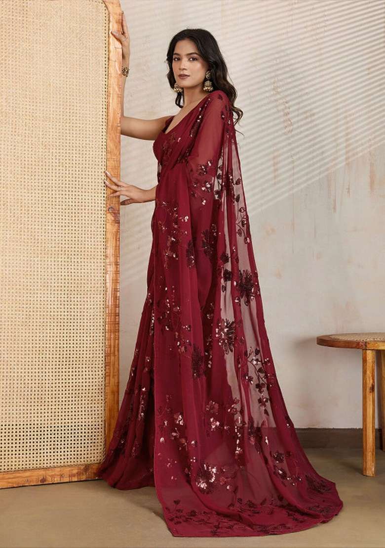 Maroon Sequin Work Georgette Saree Set - Indya