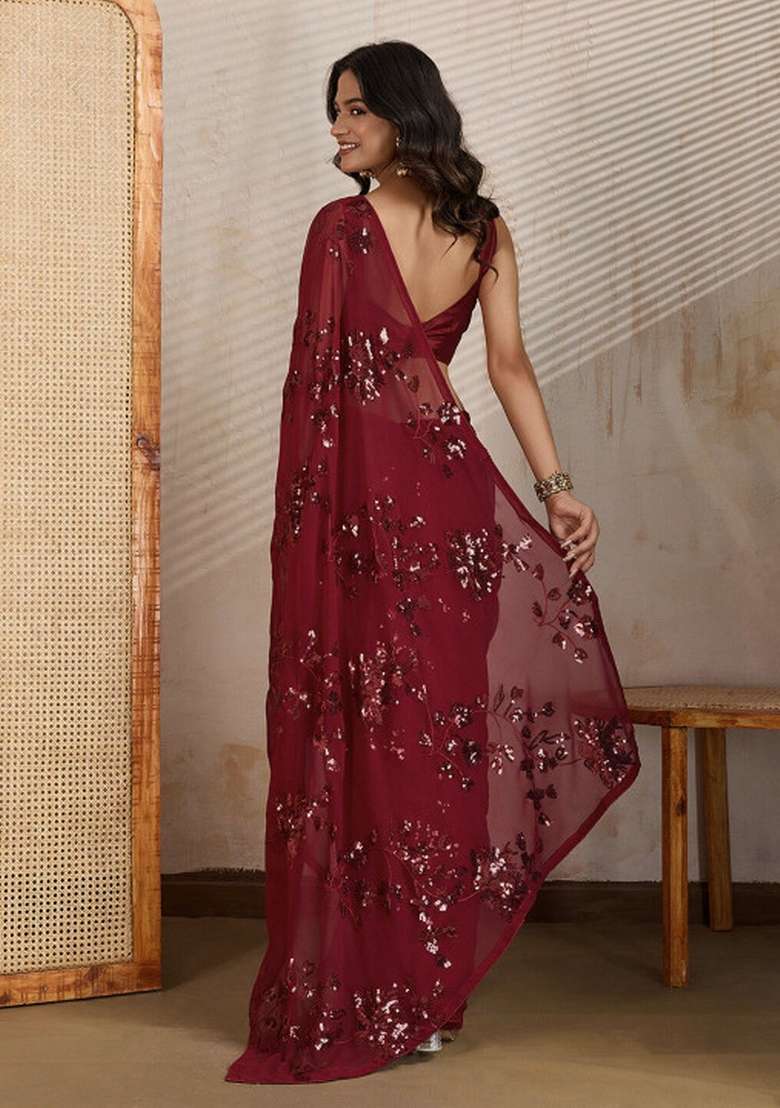 Maroon Sequin Work Georgette Saree Set - Indya