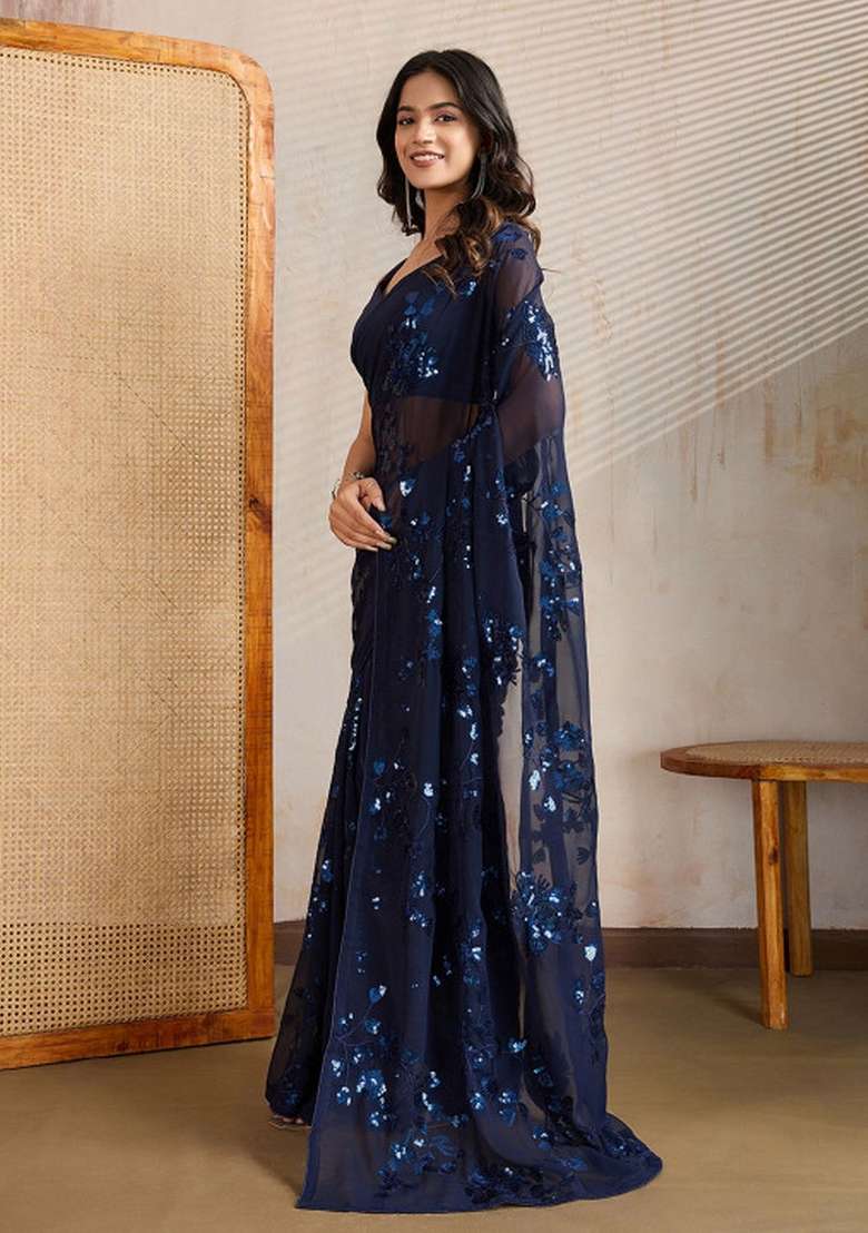 Blue Sequin Work Georgette Saree Set - Indya