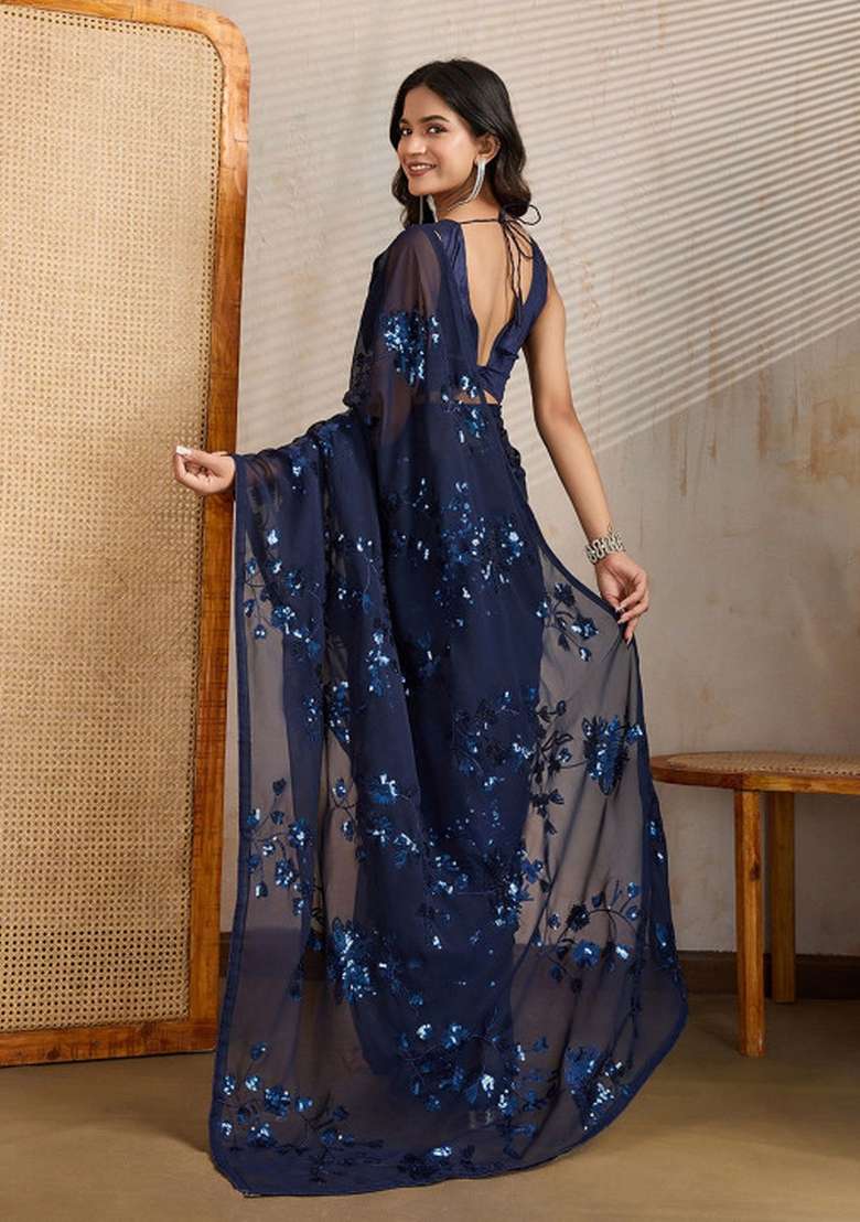 Blue Sequin Work Georgette Saree Set - Indya