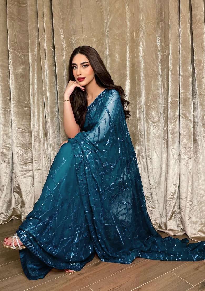 Blue Sequin Work Georgette Saree Set - Indya