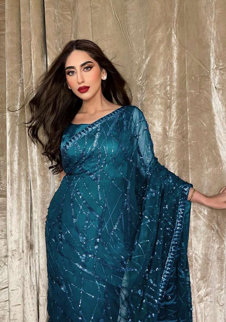 Blue Sequin Work Georgette Saree Set - Indya