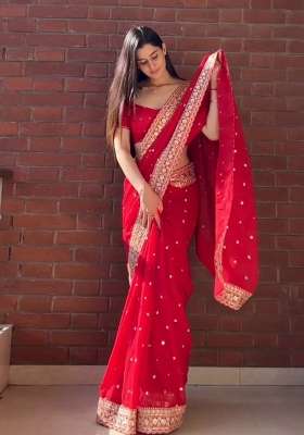 Red Sequin Work Silk Saree Set