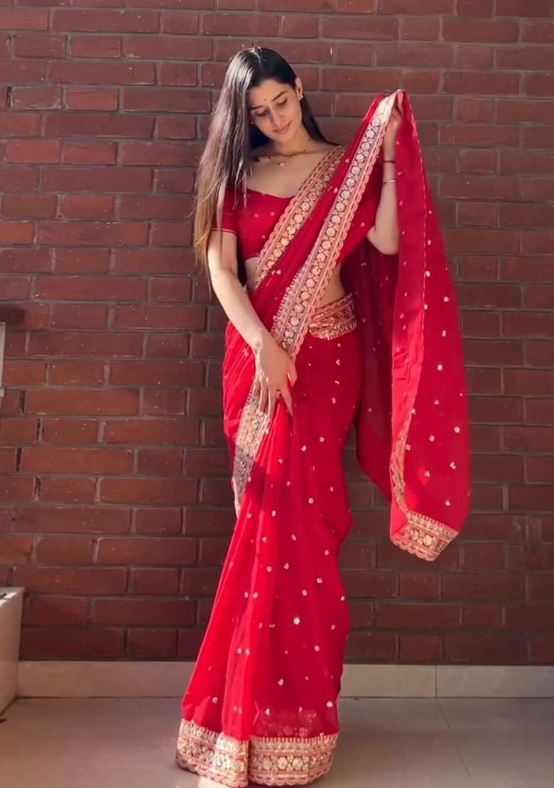 Red Sequin Work Silk Saree Set - Indya