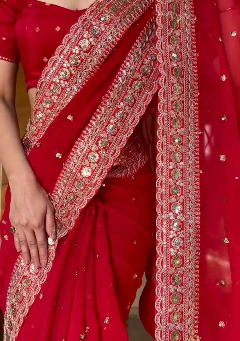Red Sequin Work Silk Saree Set - Indya