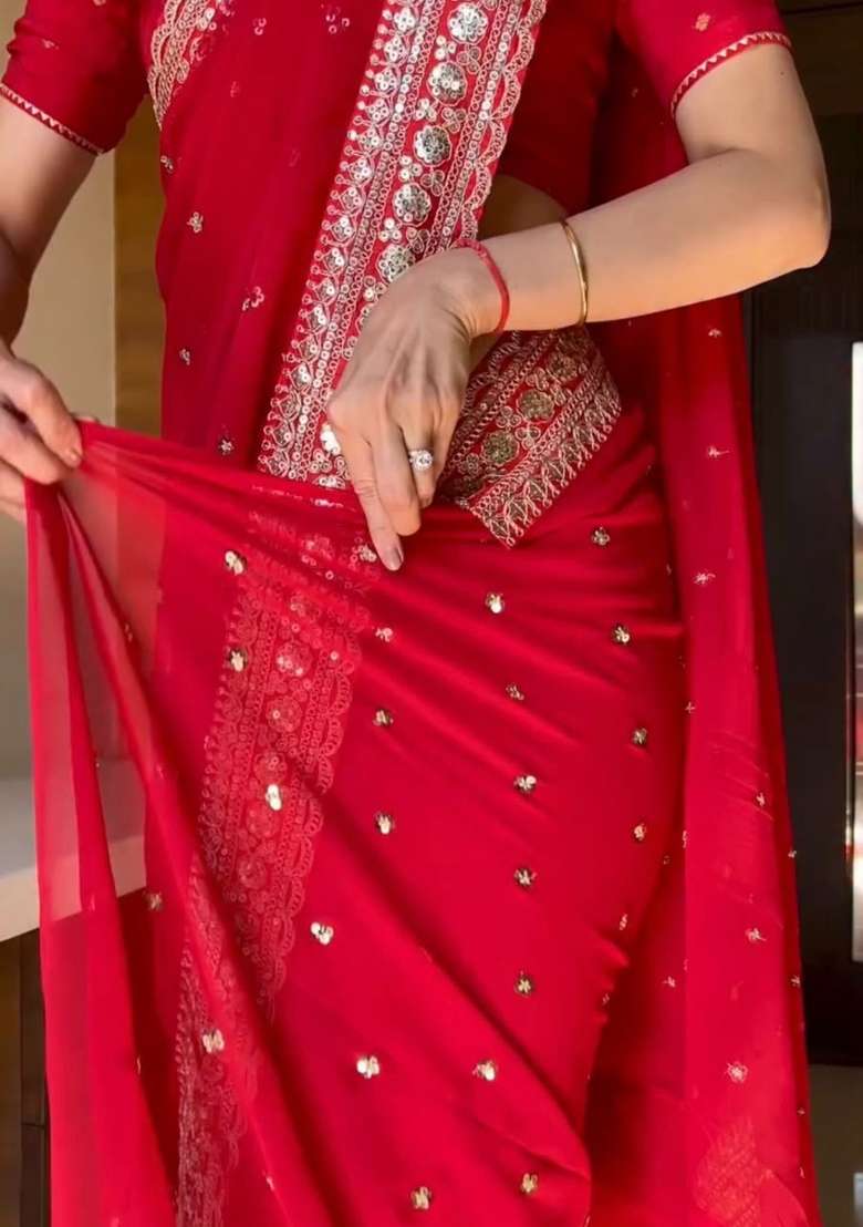 Red Sequin Work Silk Saree Set - Indya