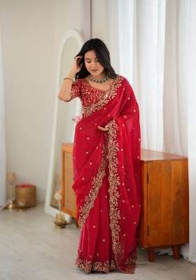 Red Sequin Work Silk Saree Set