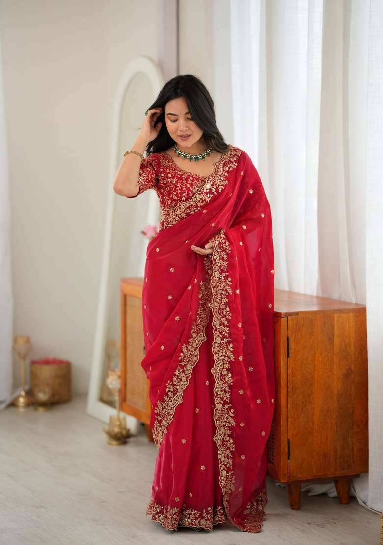 Red Sequin Work Silk Saree Set - Indya