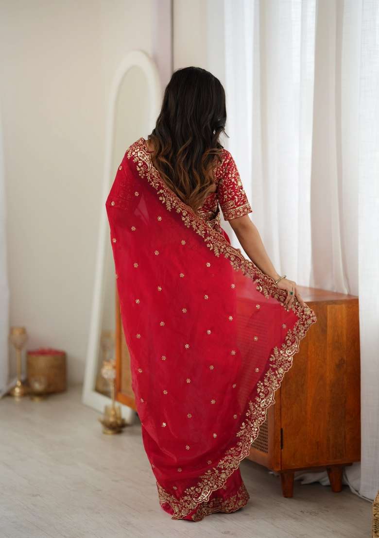 Red Sequin Work Silk Saree Set - Indya