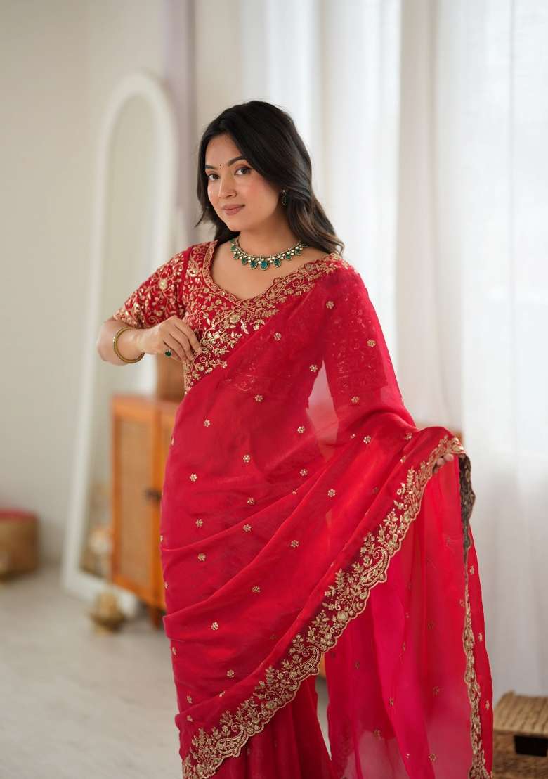Red Sequin Work Silk Saree Set - Indya
