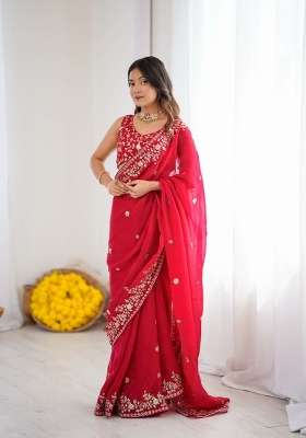 Red Sequin Work Silk Saree Set