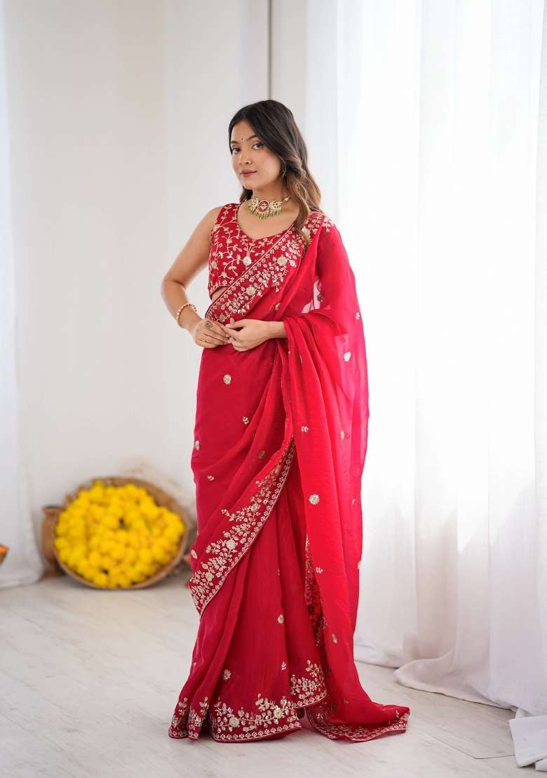 Red Sequin Work Silk Saree Set - Indya