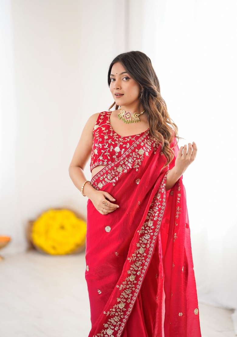 Red Sequin Work Silk Saree Set - Indya