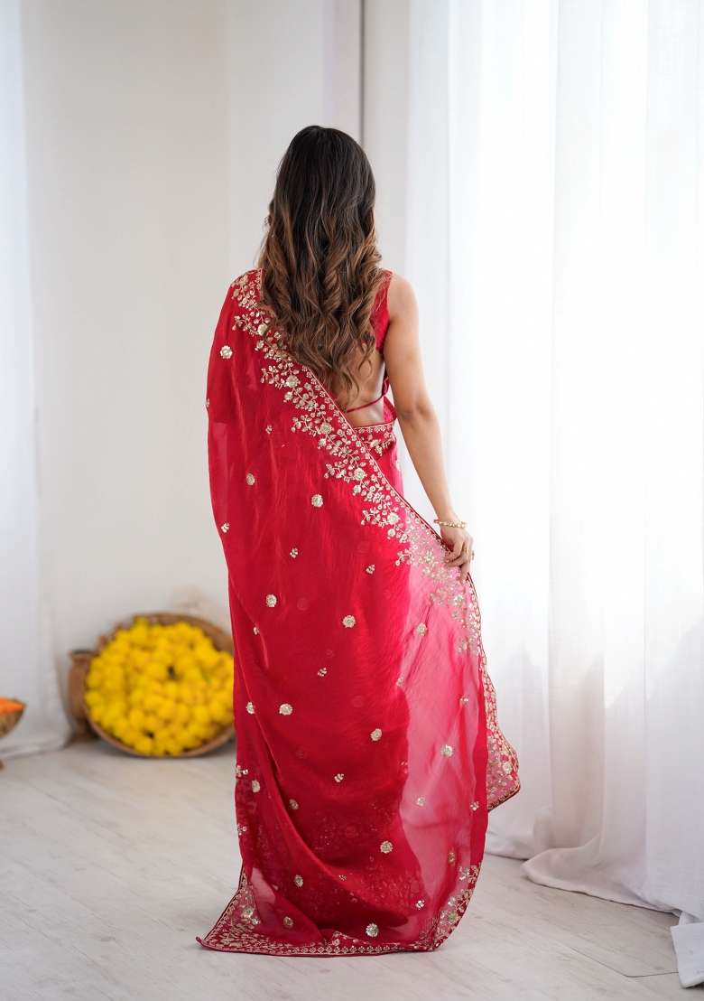 Red Sequin Work Silk Saree Set - Indya