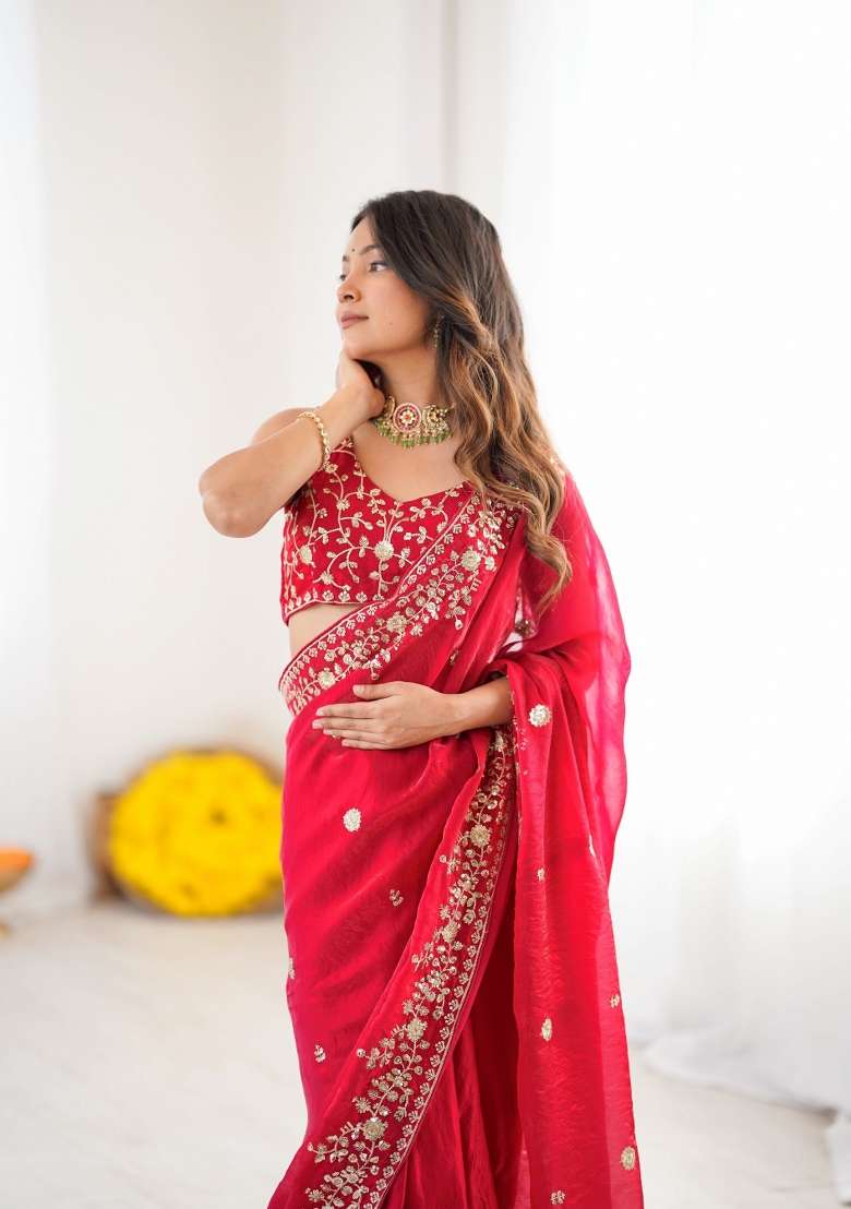 Red Sequin Work Silk Saree Set - Indya