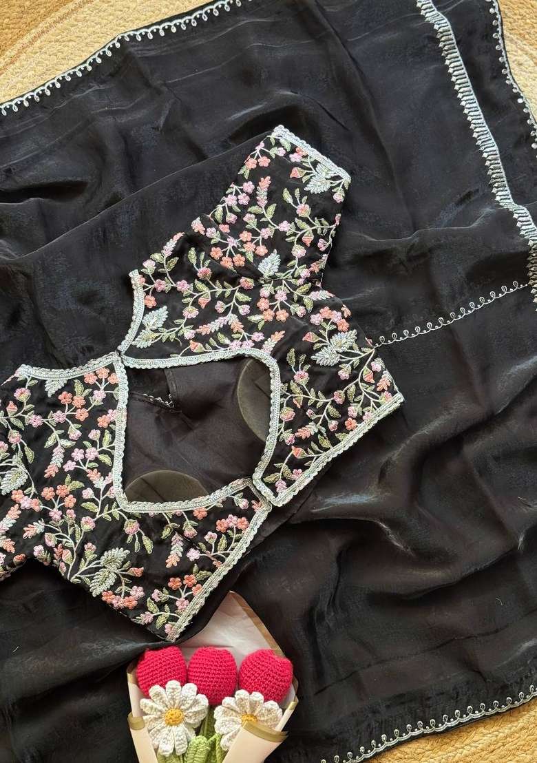 Black Embroidery Silk Saree Set - Indya