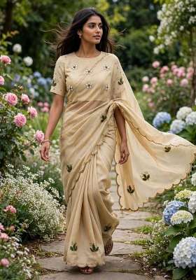 Cream Embroidery Chiffon Saree Set
