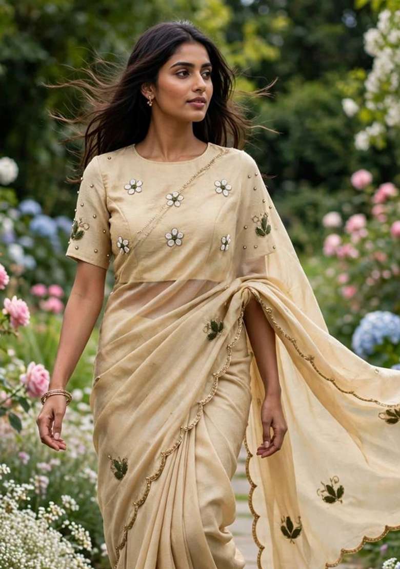 Cream Embroidery Chiffon Saree Set - Indya