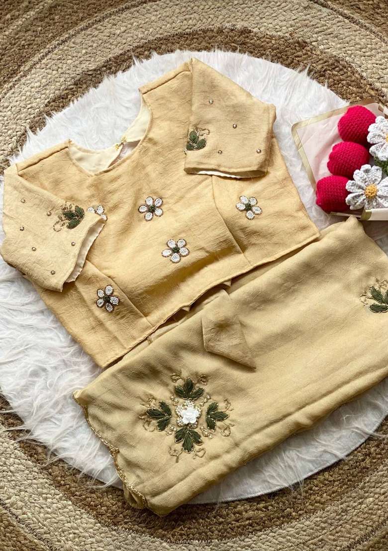 Cream Embroidery Chiffon Saree Set - Indya